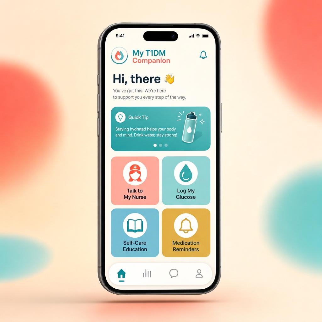 T1Gluco Buddy app on a phone showing the home dashboard with nurse chat, glucose logging, self-care education and medication reminders